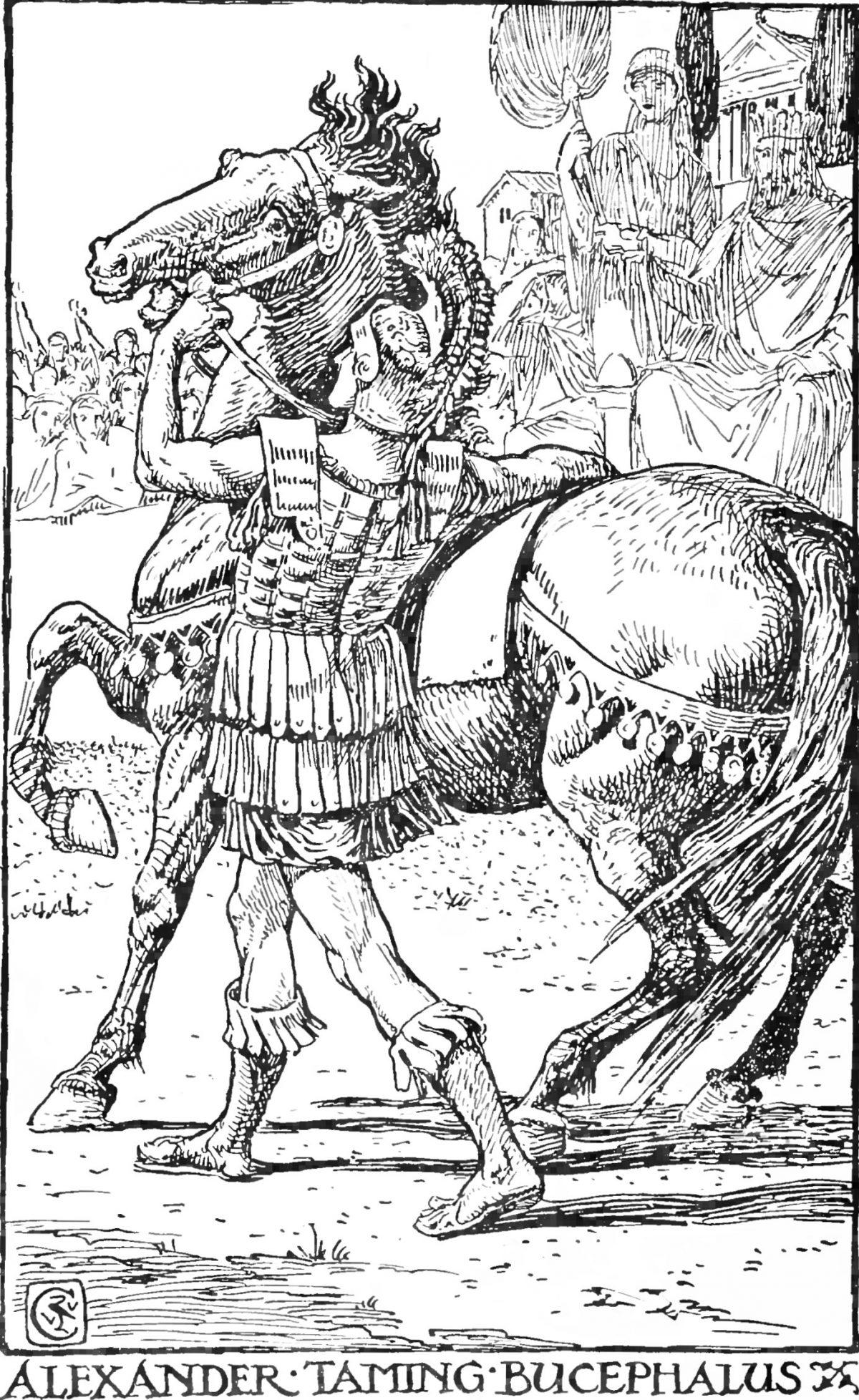 Alexander the Great tames Bucephalus. Illustration from F.J. Gould's "The Children's Plutarch: Tales of the Greeks," 1910.