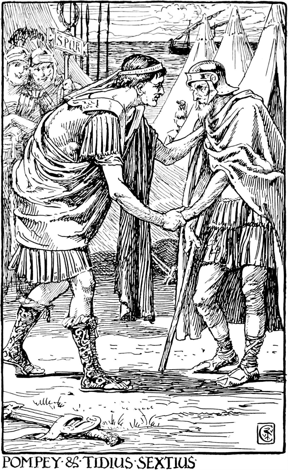 Roman general Pompey greets a volunteer for his army, Tidius Sextius, "a man of extreme old age and lame of one leg." Others laughed but Pompey ran to meet him, "counting it a great testimony that men past the years and past the power of service should choose danger with him in preference to their safety," Plutarch writes. Illustration from F.J. Gould's<br/>"The Children's Plutarch: Tales of the Romans," 1910. (Public domain)