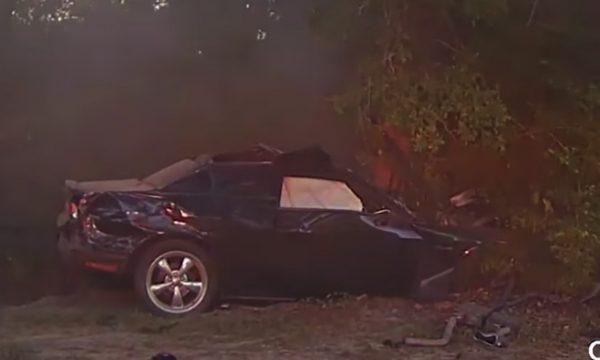 The wrecked Dodge Challenger, moments after crashing in Nacogdoches, Texas, on Sept. 12, 2019. (Screenshot/Lufkin Police)