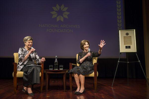 National Archives Foundation Vice Chair of Board Cokie Roberts and Former First Lady Laura Bush onstage at the National Archives Foundation Annual Gala at The National Archives in Washington, on Oct. 10, 2018. (Tasos Katopodis/Getty Images for National Archives Foundation)