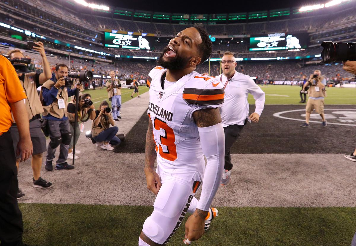 Odell Beckham of the Cleveland Browns runs off the field after defeating the New York Jets at MetLife Stadium in East Rutherford, New Jersey, on Sept. 16, 2019. The Browns defeated the Jets 23-3. (Photo by Mike Lawrie/Getty Images)