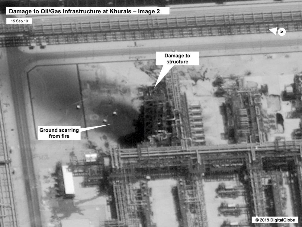 Damage to the infrastructure at Saudi Aramco's Kuirais oil field in Buqyaq, Saudi Arabia, on Sept. 15, 2019. (U.S. government/Digital Globe via AP)