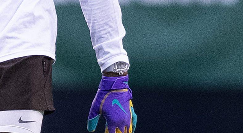 Odell Beckham Jr. is seen wearing a watch during a warm-up during Monday night's game. Some speculated it's worth millions of dollars. (Photo by Mike Lawrie/Getty Images)