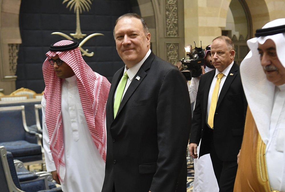 Secretary of State Mike Pompeo walks after stepping off his plane upon arrival at King Abdulaziz International Airport in Jeddah, Saudi Arabia, on Sept. 18, 2019. (Mandel Ngan/Pool via AP)