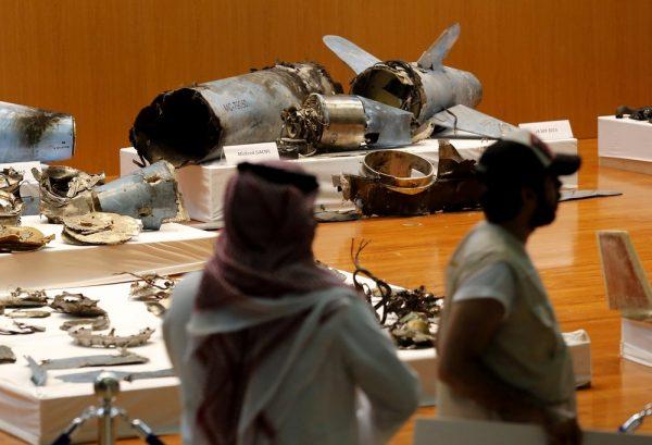 The Saudi military displays what they say are an Iranian cruise missile and drones used in recent attack on its oil industry at Saudi Aramco's facilities in Abqaiq and Khurais, during a press conference in Riyadh, Saudi Arabia, on Sept. 18, 2019. (Amr Nabil/AP Photo)