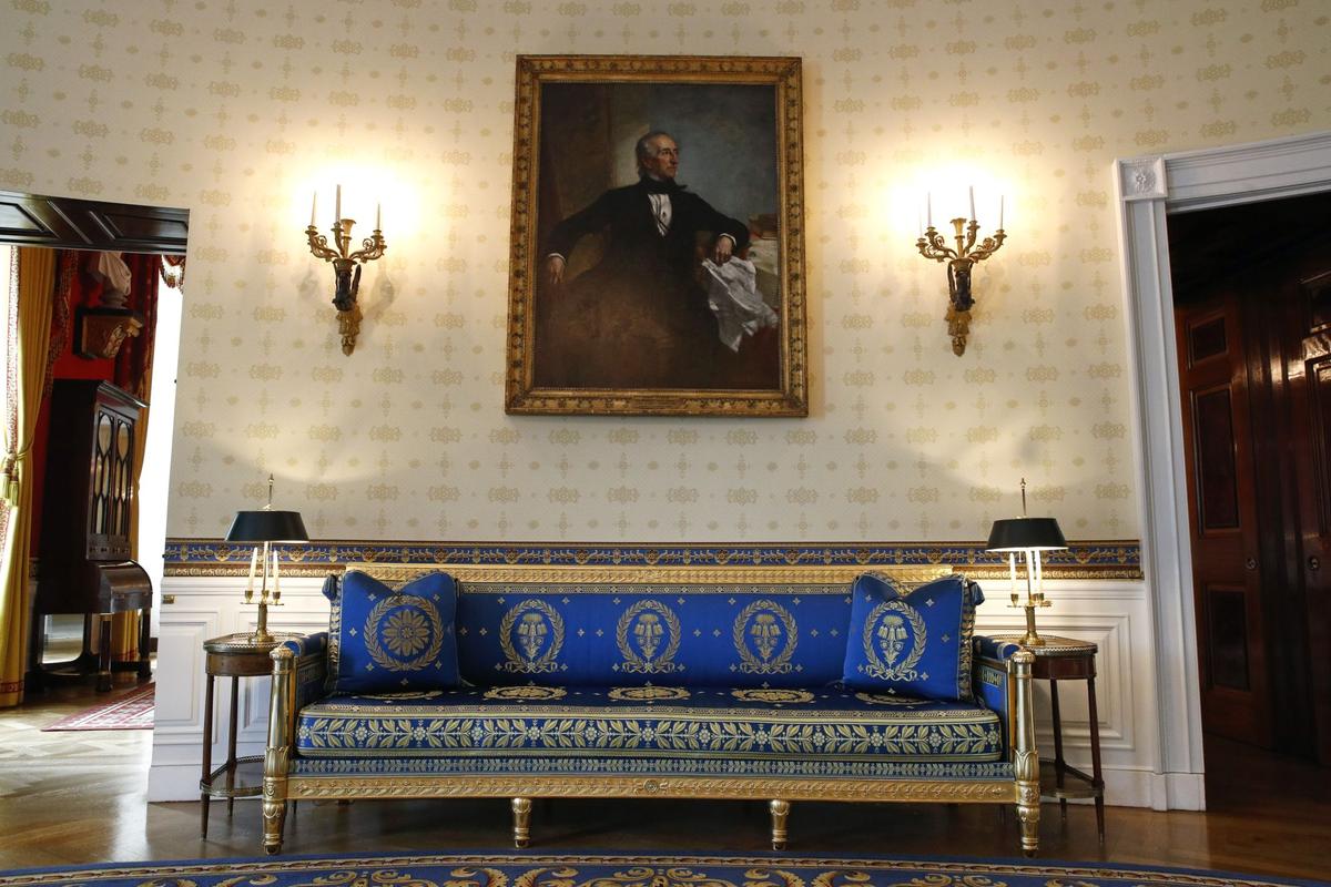 This Sept. 17, 2019, photo shows a piece of restored furniture in the Blue Room of the White House in Washington. The restoration was part of the improvement projects that first lady Melania Trump has overseen to keep the well-trod public rooms at 1600 Pennsylvania Avenue looking their museum-quality best. (AP Photo/Patrick Semansky)