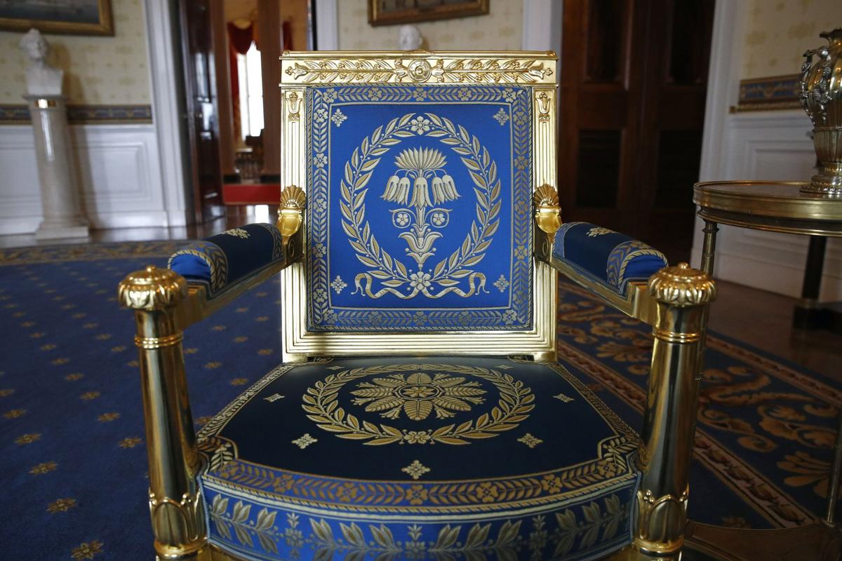 This Sept. 17, 2019, photo shows a restored chair in the Blue Room of the White House in Washington. The restoration was part of the improvement projects that first lady Melania Trump has overseen to keep the well-trod public rooms at 1600 Pennsylvania Avenue looking their museum-quality best. (AP Photo/Patrick Semansky)