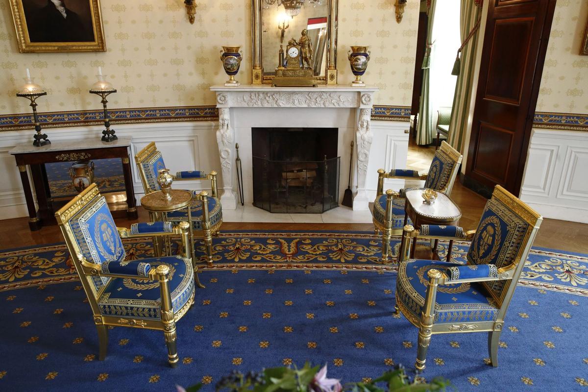 This Sept. 17, 2019, photo shows restored furniture in the Blue Room of the White House in Washington. The restoration was part of the improvement projects that first lady Melania Trump has overseen to keep the well-trod public rooms at 1600 Pennsylvania Avenue looking their museum-quality best. (AP Photo/Patrick Semansky)