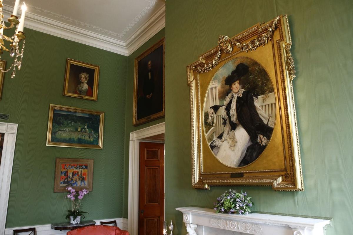 This Sept. 17, 2019, photo shows a portrait of former first lady Edith Roosevelt (R), wife of President Theodore Roosevelt, in the Green Room of the White House in Washington. The portrait was placed in the Green Room as part of the improvement projects first lady Melania Trump has overseen to keep the well-trod public rooms at 1600 Pennsylvania Avenue looking their museum-quality best. (AP Photo/Patrick Semansky)