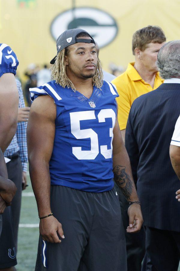 Edwin Jackson, #53 of the Indianapolis Colts, at Tom Benson Hall of Fame Stadium in Canton, Ohio, on Aug. 7, 2016. (Joe Robbins/Getty Images)