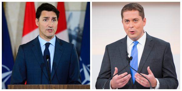 Prime Minister Justin Trudeau (L) at Canadian Forces Base Petawawa, Ontario, on July 15, 2019. (The Canadian Press/Sean Kilpatrick) and Conservative Leader Andrew Scheer speaks during the Maclean's/Citytv National Leaders Debate in Toronto on Sept. 12, 2019. (The Canadian Press/Frank Gunn)