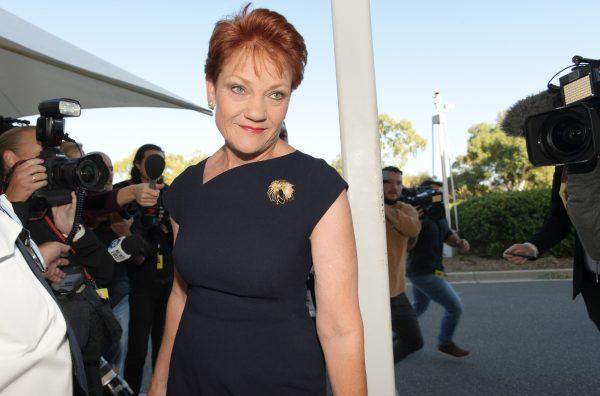 Senator Pauline Hanson arrives at the doors at Parliament House in Canberra, Australia, on Feb. 14, 2019. (Tracey Nearmy/Getty Images)