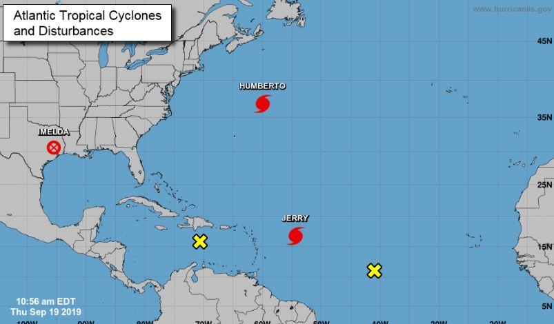 The current map showing tropical disturbances in the Atlantic basin. (NHC)