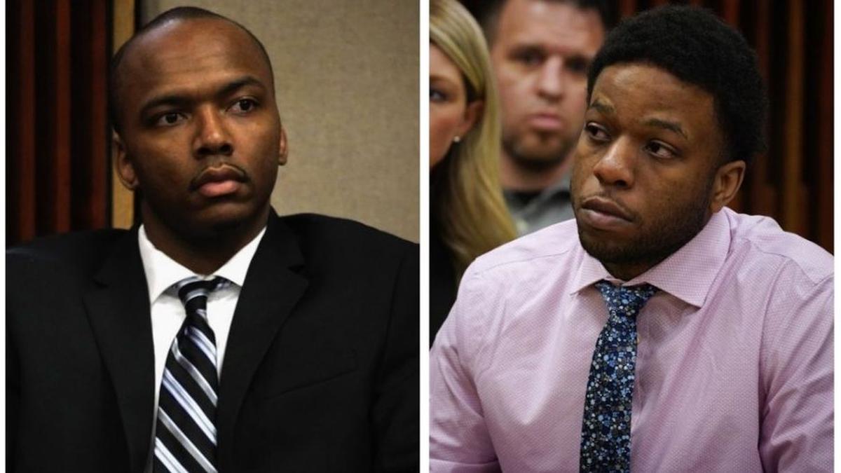 (L - R) Dwright Doty and Corey Morgan appear during the opening statements in their trial for the murder of 9-year-old Tyshawn Lee at the Leighton Criminal Court building in Chicago on Sept. 17, 2019. (E. Jason Wambsgans/Chicago Tribune via AP, Pool)