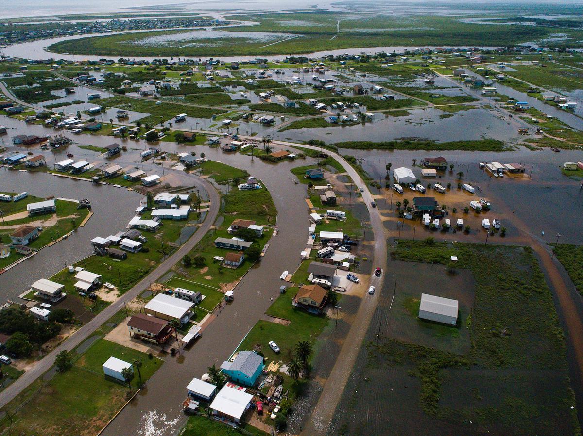 According to Matagorda County Constable Bill Orton, Sargent received 22 inches of rain since Imelda started impacted the area on Tuesday. Photographed from above Sargent, Texas, Sept. 18, 2019. (Mark Mulligan/Houston Chronicle via AP)