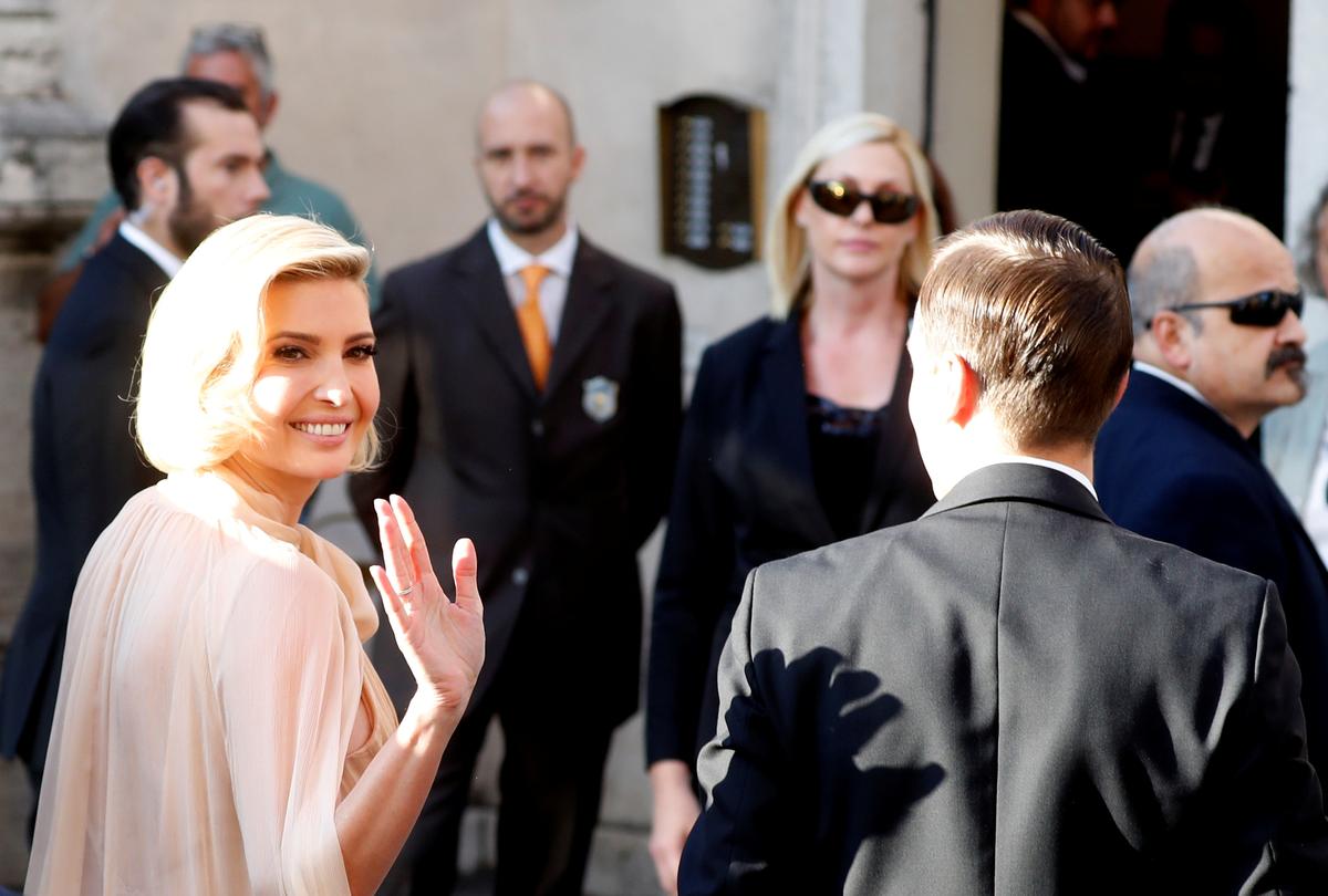 Ivanka Trump waves as she arrives to attend the wedding of fashion designer Misha Nonoo at Villa Aurelia in Rome, Italy, on Sept. 20, 2019. (REUTERS/Remo Casilli)