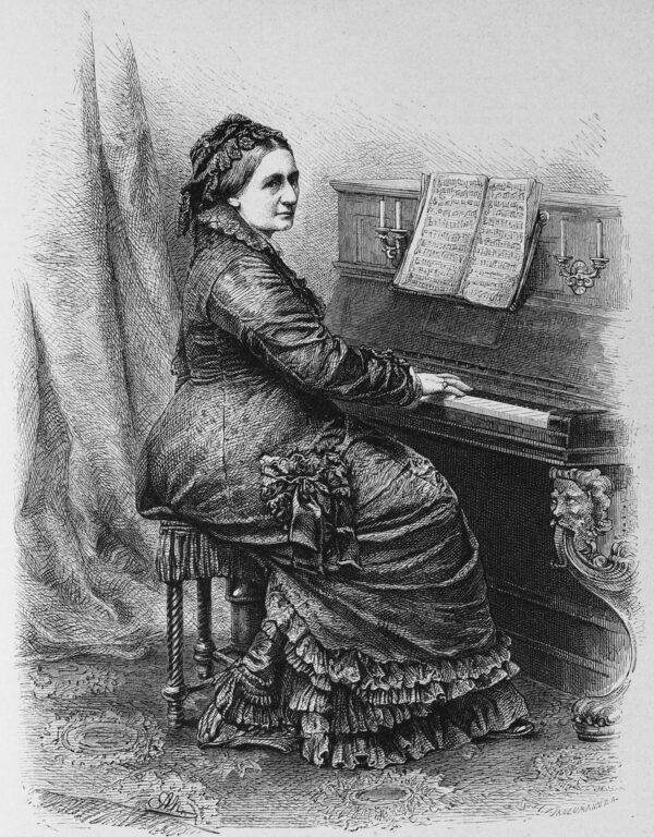 Clara Schumann had an exceptional 60-year career as a pianist. Here she's illustrated at the piano in The Garden Arbor journal, 1888. (Public Domain)