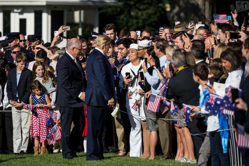 President Donald Trump and Australian Prime Minister Scott Morrison greet members of the audience during an official visit ceremony at the South Lawn of the White House in Washington, on Sept. 20, 2019. (Zach Gibson/Getty Images)