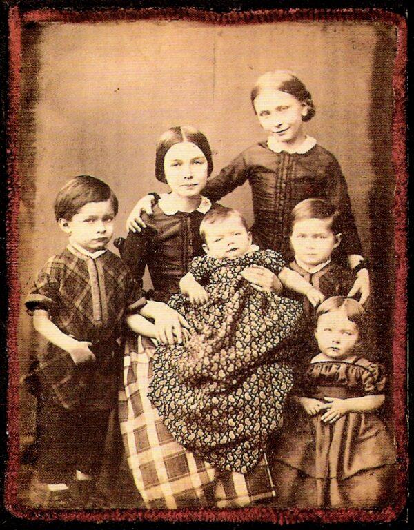 Robert and Clara Schumann's children in 1854. (L–R) Ludwig, Marie, Felix, Elise, Ferdinand, and Eugenie. Julie and Emil are missing. Ambrotype. (Public Domain)