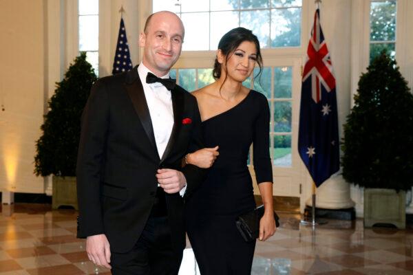 White House Senior Adviser Stephen Miller and Mike Pence's aide Katie Miller arrive for a state dinner at the White House, in Washington on Sept. 20, 2019. (Patrick Semansky/AP Photo)