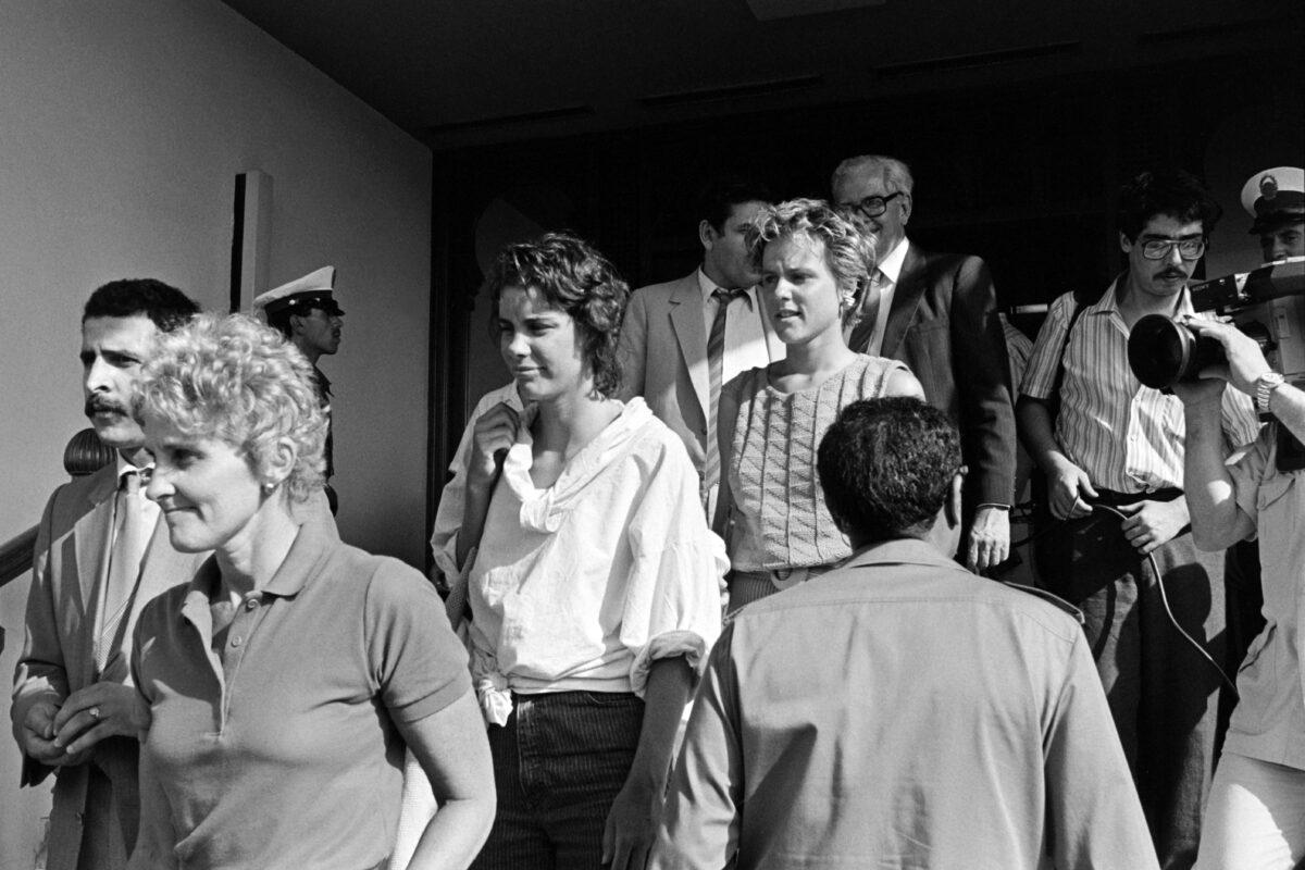 Some released American passengers by the hijackers of the American TWA Boeing arrive at Houari Boumedienne airport in Algiers on June 15, 1985. (Philippe Bouchon/AFP/Getty Images)