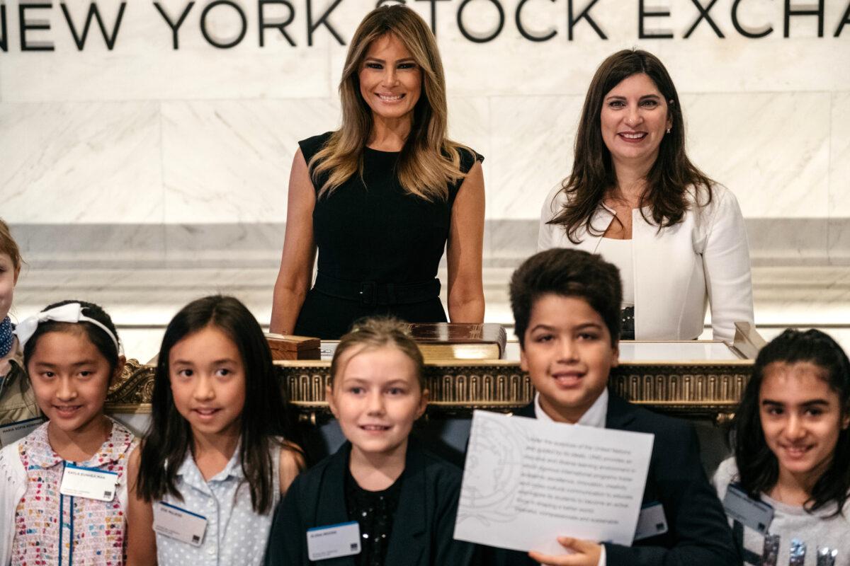 First Lady Melania Trump signs the guest book at the New York Stock Exchange in the borough of Manhattan, New York City, on Sept. 23, 2019. (Scott Heins/Getty Images)
