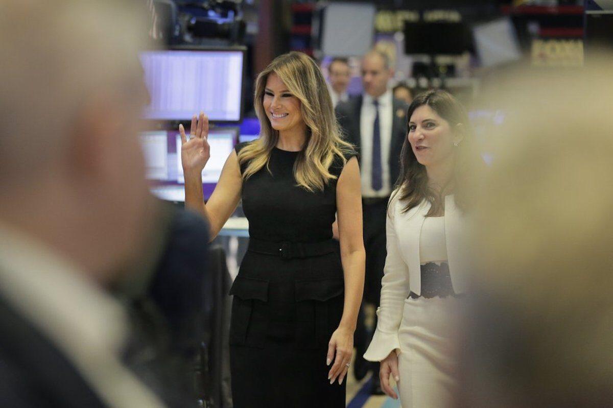 New York Stock Exchange President Stacey Cunningham (R) and First Lady Melania Trump walk on the floor of the NYSE before ringing the opening bell in New York City, on Sept. 23, 2019. (Seth Wenig/AP Photo)