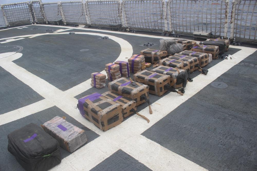 Bales of cocaine seized from a suspected smuggling vessel lie on the deck of the U.S. Coast Guard Cutter Valiant in September. (U.S. Coast Guard Photo)