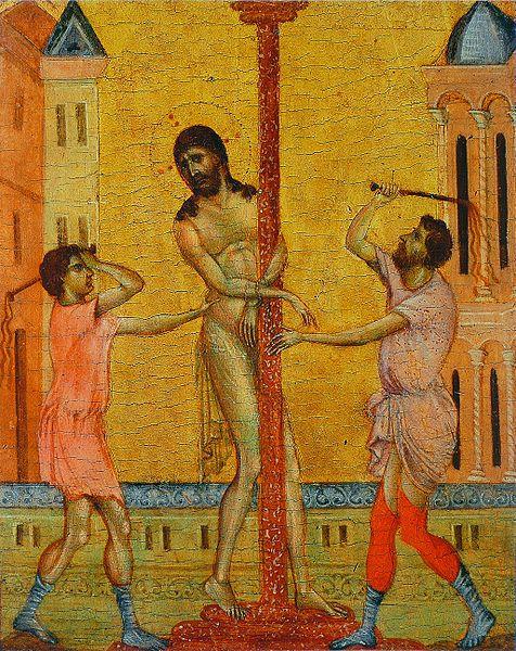 This is a faithful photographic reproduction of a two-dimensional, public domain work of art, The Flagellation of Christ by Italian painter, Cimabue (Public Domain/Wikimedia Commons)