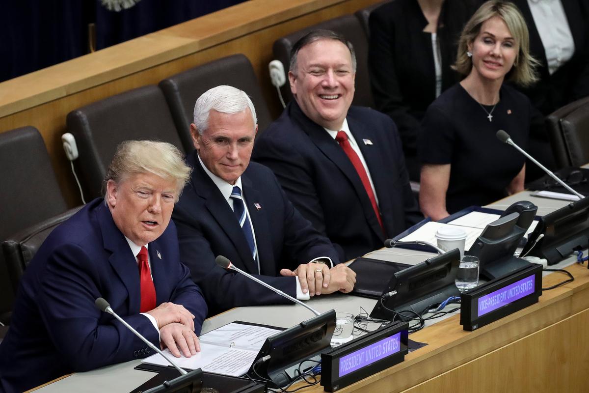 (L-R) U.S. President Donald Trump, U.S. Vice President Mike Pence, U.S. Secretary of State Mike Pompeo and U.S. Ambassador to the United Nations (U.N.) Kelly Craft attend a meeting on religious freedom at U.N. headquarters in New York City on Sept. 23, 2019. (Drew Angerer/Getty Images)