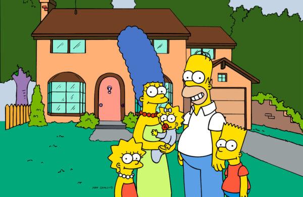This undated frame from the Fox series "The Simpsons" shows the popular cartoon family posing in front of their home: (from left) Lisa, Marge, Maggie, Homer, and Bart Simpson. (Fox Broacasting Co./AP)