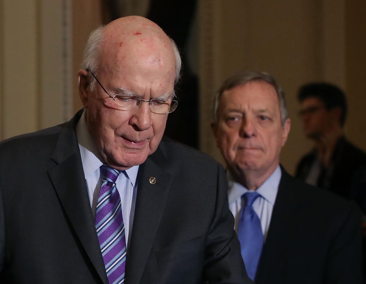 Sen. Patrick Leahy (D-Vt.), left, speaks at a press conference as Sen. Dick Durbin (D-Ill.) listens, in Washington on Feb. 12, 2019. (Photo by Mark Wilson/Getty Images)