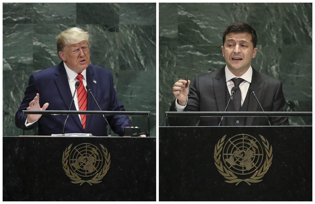 (L)-President Donald Trump addresses the United Nations General Assembly at UN headquarters in New York City on Sept. 24, 2019. (Drew Angerer/Getty Images) (R)-President of Ukraine Volodymyr Zelensky addresses the United Nations General Assembly at UN headquarters on Sept. 25, 2019. (Drew Angerer/Getty Images)