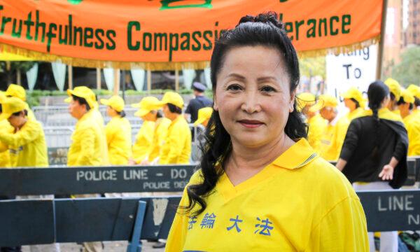 Falun Gong practitioner Dou Jinmei at United Nations Plaza on Sept. 24, 2019. (Eva Fu/The Epoch Times)