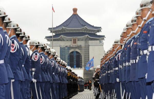 Taiwanese military honor guards line up in front of the Chiang Kai-shek Memorial Hall to welcome President of the Marshall Islands Christopher Loeak in Taipei, Taiwan, on March 27, 2013. (Sam Yeh/AFP/Getty Images)