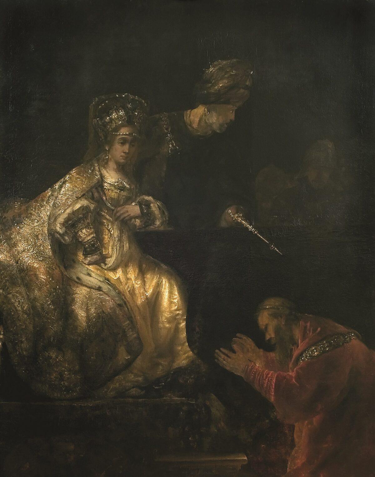 “Haman Begging Esther for Mercy” by Rembrandt. National Museum of Art of Romania, Bucharest, Romania. (Public Domain)