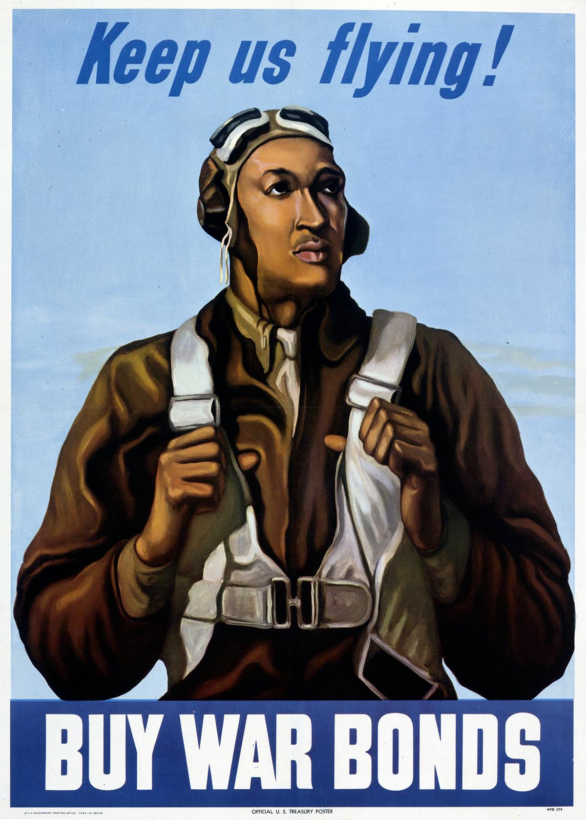 War bonds poster featuring a Tuskegee Airman (©Wikimedia Commons | <a href="https://commons.wikimedia.org/wiki/File:Tuskegee_airman_poster.jpg">Darwinek</a>)