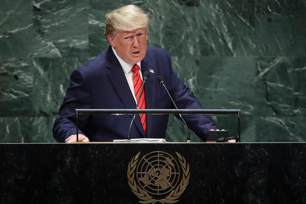 U.S. President Donald Trump addresses the United Nations General Assembly at UN headquarters in New York City on Sept. 24, 2019. (Drew Angerer/Getty Images)