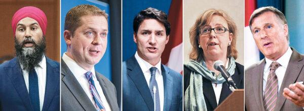 (L–R) NDP Leader Jagmeet Singh, Conservative Leader Andrew Scheer, Liberal Leader Justin Trudeau, Greens Leader Elizabeth May, and People’s Party of Canada<br/>Leader Maxime Bernier. (Don MacKinnon, Don Emmert/AFP/Getty Images; The Canadian Press/Adrian Wyld, Ryan Remiorz; Chris Wattie/Reuters)