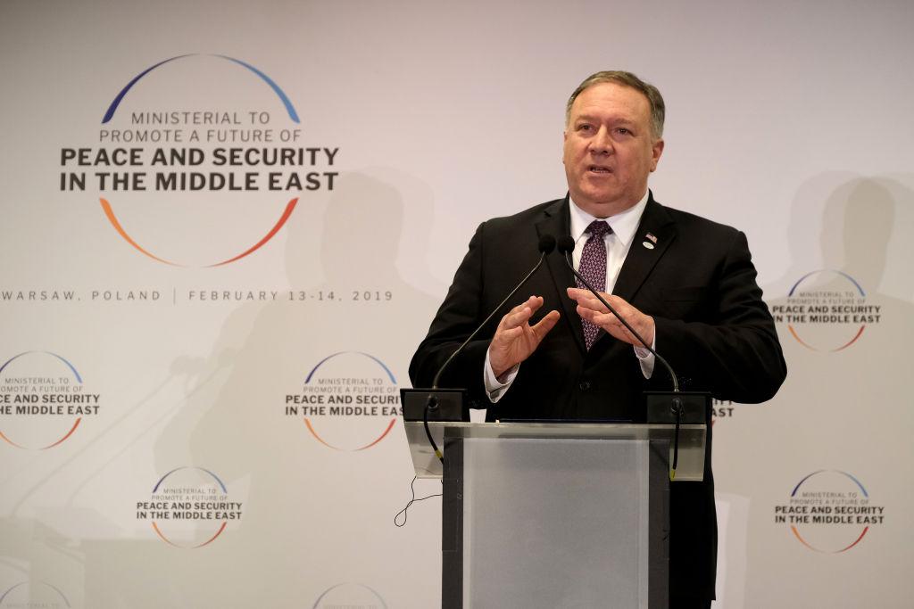 U.S. Secretary of State Mike Pompeo speaks to the media at the conclusion of the Ministerial to Promote a Future of Peace and Security in the Middle East in Warsaw, Poland on Feb. 14, 2019. (Sean Gallup/Getty Images)