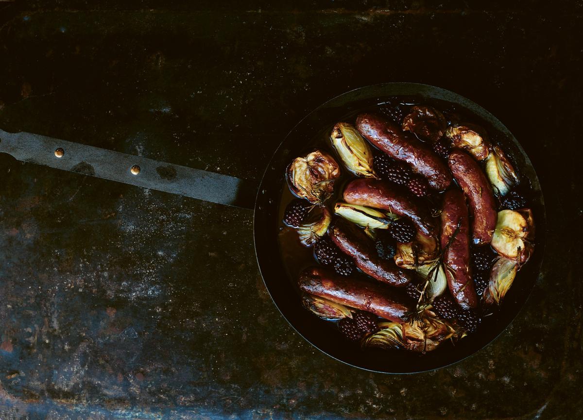 Baked Sausages, Apples, and Blackberries With Mustard and Maple Syrup