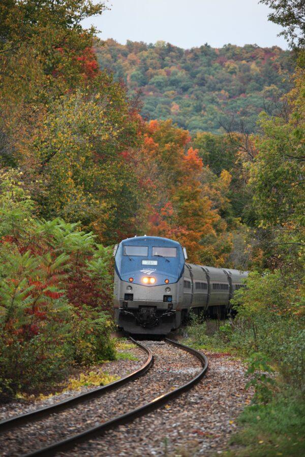 Amtrak's Ethan Allen Express winds its way through the fall foliage in Castleton, Vermont. (Amtrak/Steve Ostrowski)