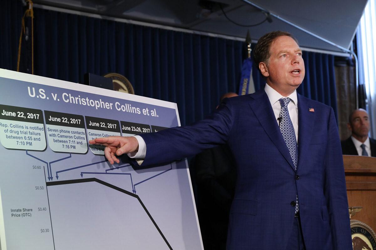 Geoffrey Berman, the U.S. Attorney for the Southern District of New York, explains to the media the insider trading case against Rep. Chris Collins (R-N.Y.) in New York City on Aug. 8, 2018. (Spencer Platt/Getty Images)