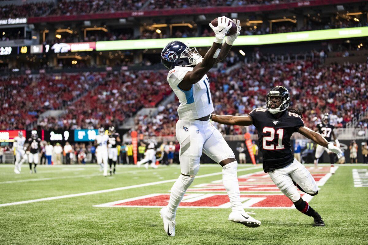A.J. Brown #11 of the Tennessee Titans makes a reception for a touchdown in front of Desmond Trufant #21 of the Atlanta Falcons during the first half of a game at Mercedes-Benz Stadium in Atlanta, Georgia, on Sept. 29, 2019. (Carmen Mandato/Getty Images)