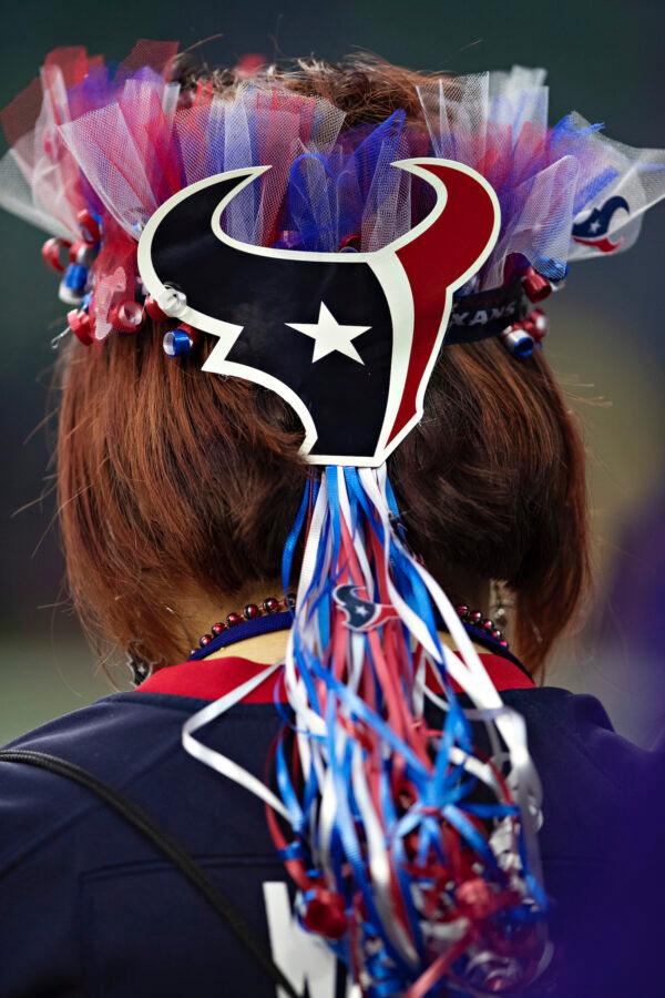 A fan of the Houston Texans shows her hair decorated before a game against the Carolina Panthers at NRG Stadium in Houston, Texas, on Sept. 29, 2019. (Wesley Hitt/Getty Images)
