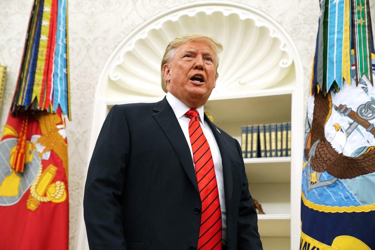President Donald Trump gives pause to answer a reporters' question about a whistleblower as he leaves the Oval Office at the White House in Washington on Sept. 30, 2019. (Chip Somodevilla/Getty Images)