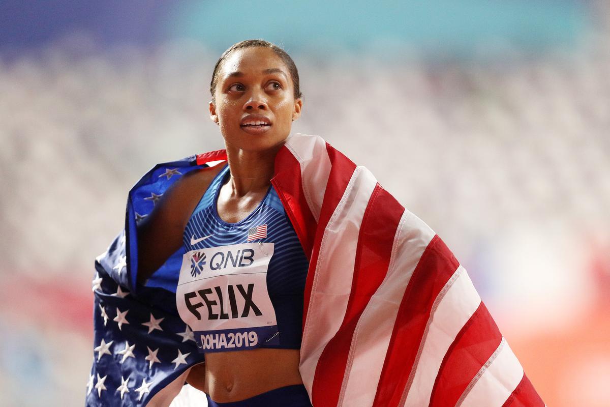 Allyson Felix of the United States reacts after setting a new world record in the 4x400 meter mixed relay during day three of 17th IAAF World Athletics Championships Doha 2019 at Khalifa International Stadium in Doha, Qatar, on Sept. 29, 2019. (Patrick Smith/Getty Images)