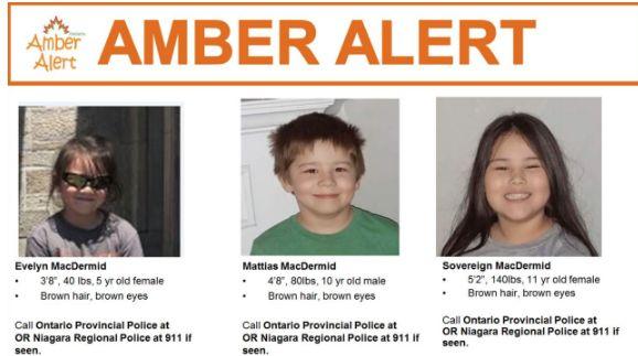 Evalyn, 5, Mattias, 10, and Sovereign MacDermid, 11. (Amber Alert Ontario)