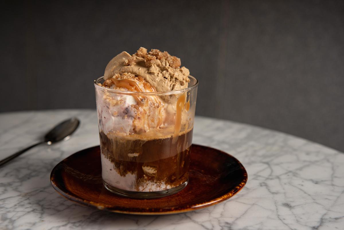 Cinnamon Sour Cherry Affogato Sundae special with candied pecans and coffee panna. (Liz Clayman)