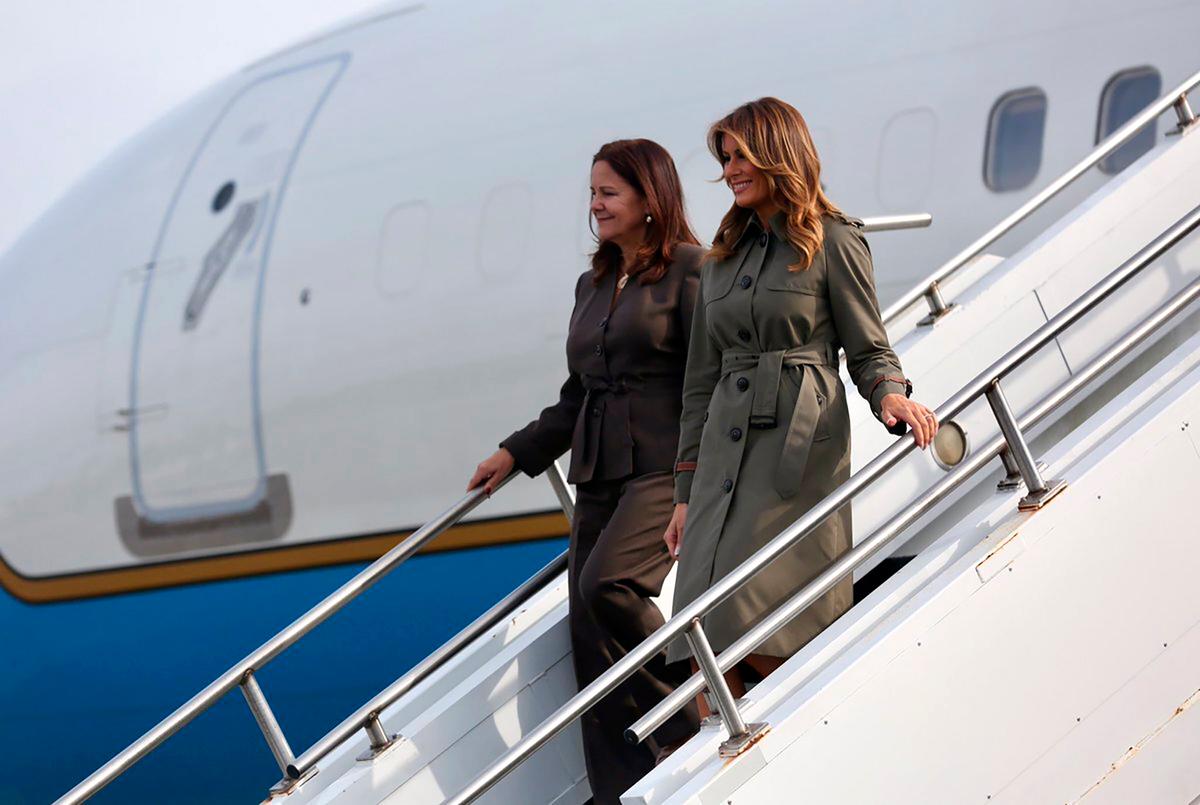First lady Melania Trump and Karen Pence arrive at Joint Base Charleston in North Charleston,S.C. on Wednesday, Oct. 30, 2019. They were greeted by South Carolina Gov. Henry McMaster and other dignitaries. (Grace Beahm Alford/The Post And Courier via AP)